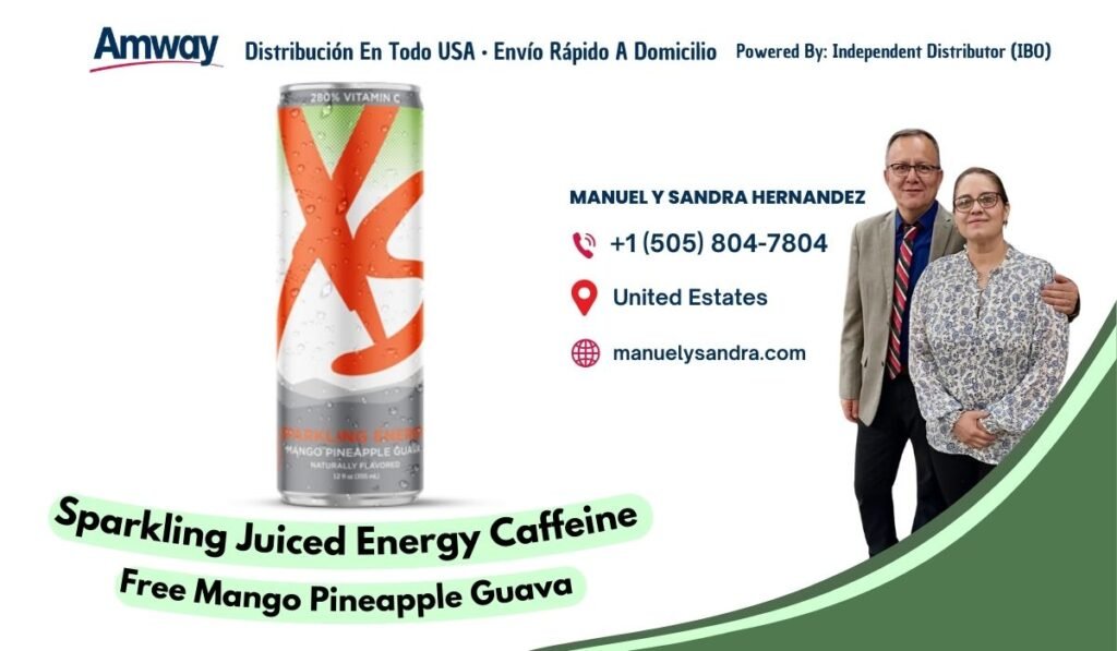Amway Distribucion En Todo USA · Envio Rapido A Domicilio Powered By: Independent Distributor （IBO ) 280% VITAMIN C MANUEL Y SANDRA HERNANDEZ +1 （505) 804-7804 United Estates manuelysandra.com ANGO PINEA P PLE GUAR NATURALLY FLAVORE Sparkling Juiced Energy Caffeine Free Mango Pineapple Guava