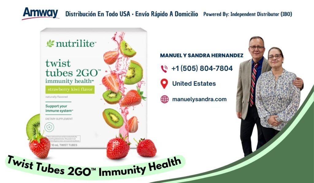 Amway Distribucion En Todo USA · Envio Rapido A Domicilio Powered By: Independent Distributor （IBO） Knutrilite MANUEL Y SANDRA HERNANDEZ twist +1 （505) 804-7804 tubes 2GO" immunity health United Estates straw berry kiwi f lavor naturally flavore d manuelysandra.com Support your immune system- DIETARY SUPPLEMENT 10 mL TWIST TUBES Twistube 2GO" Immnity Health