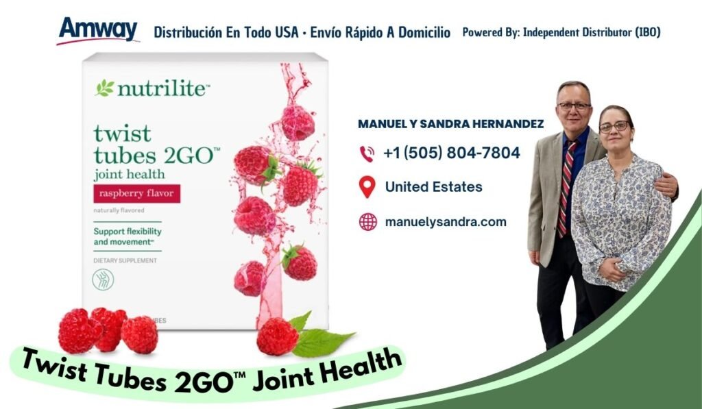 Amway Distribucion En Todo USA · Envio Rapido A Domicilio Powered By: Independent Distributor (IBO) Knutrilite MANUEL Y SANDRA HERNANDEZ twist +1 （505) 804-7804 tubes 2GO joint health United Estates raspberry flavor naturally flavored manuelysandra.com Support flexibility and movement- DIE TARY SUPPLEMENT Twist Tubes 2GO" Joint Health