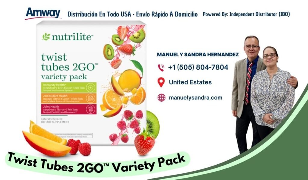 Amway Distribucion En Todo USA · Envio Rapido A Domicilio Powered By: Independent Distributor (IBO) Knutrilite MANUEL Y SANDRA HERNANDEZ twist tubes 2GO +1 (505) 804-7804 variety pack United Estates Antioxidan t Health manuelysandra.com citrs fla vor - l0 7sst Tbe Omt Healin raspberry f lavor-5 Tait Tbes naturally flavored DIETARY SUPPLEMENT Twist Tubes 2GO Variety Pack