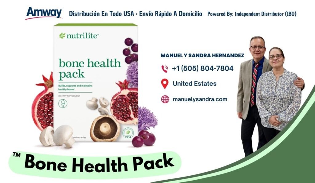 Amway Distribucion En Todo USA · Envio Rapido A Domicilio Powered By: Independent Distributor (IBO) Knutrilite MANUEL Y SANDRA HERNANDEZ bone h ealth +1 （505) 804-7804 pack United Estates Builds, supports and maintain nealthy bones HETARY SUPPLEMENT manuelysandra.com 1934 TM Hea lth P ack Bone