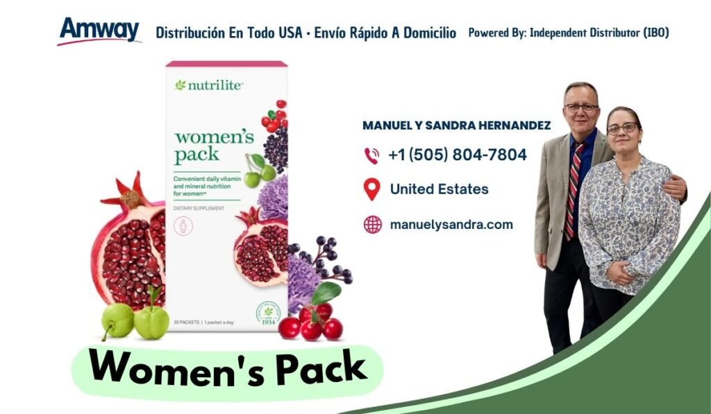 Amway Distribucion En Todo USA · Envio Rapido A Domicilio Powered By: Independent Distributor （IBO ) nutrilite MANUEL Y SANDRA HERNANDEZ women's pack +1 (505) 804-7804 Convenient daily vitamin and mineral nutrition United Estates for wo men" DIETARY SUPPLEMENT manuelysandra.com 193 30 PACKETS I 1 packet a da) Women' s Pack