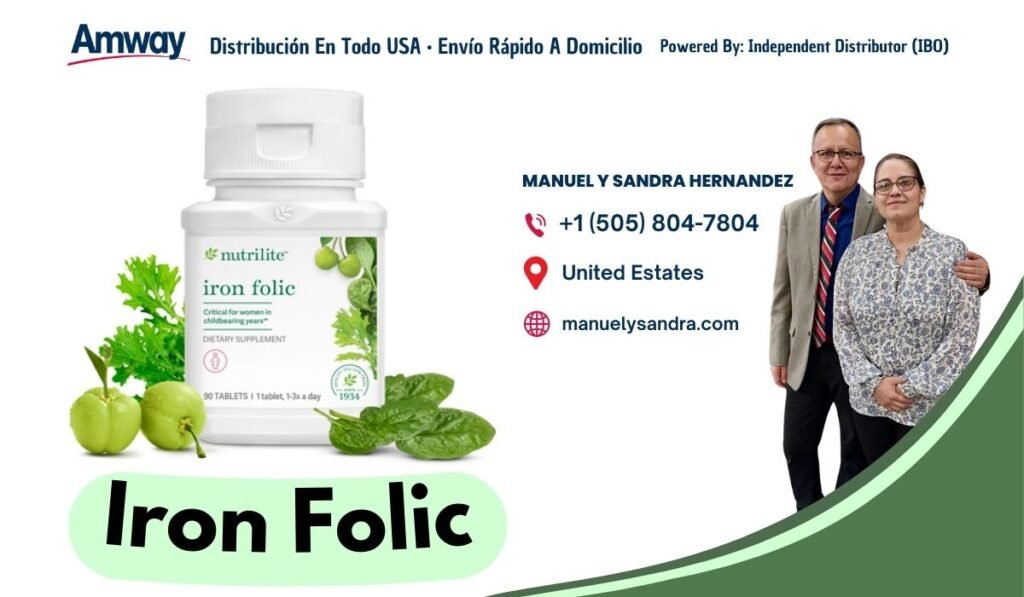 Amway Distribucion En Todo USA · Envio Rapido A Domicilio Po wered By: Independent Distributor (I BO） MANUEL Y SANDRA HERNANDEZ +1 (505) 804-7804 《 nutrilite United Estates iron folic rtical tot t shilc manuelysandra.com DIETARY SUPPLEMENT 90 TABLETS 1 1 tablet, 1-3x a day Iron Folic