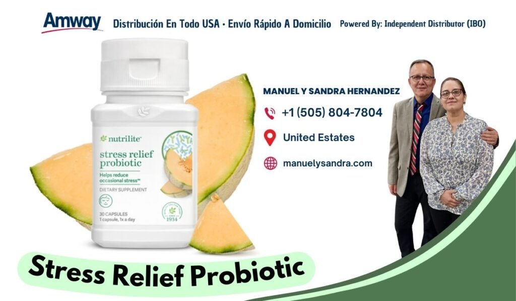 Amway Distribucion En Todo U SA · Envio Rapido A Domicilio Powered By: Independent Distributor （IBO) MANUEL Y SANDRA HERNANDEZ +1 （505) 804-7804 United Estates nutrilite stress relief manuelysandra.com probiotic Helps reduce occasional stress" D IETARY SUPPLEMENT 30 CAPSULES 1934 1 c a p su le, 1 x a day Stress Relief Probiotic