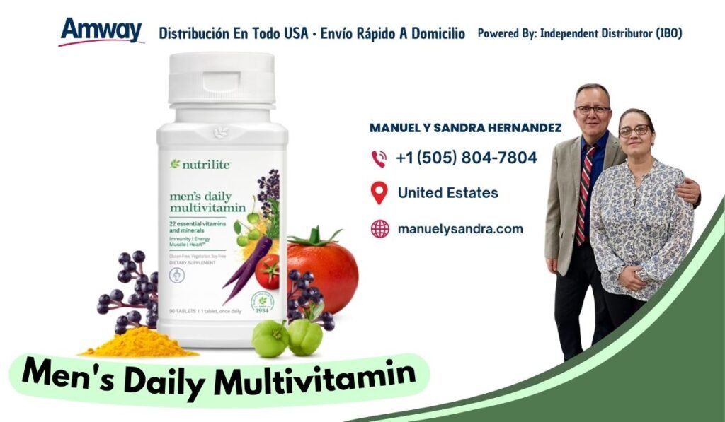 Amway Distri bucion En Tod o U SA · Envio Rapido A Domicilio Powered By: I ndependent Distributor （I BO） MANUEL Y SANDRA HERNANDEZ +1 （505) 804-7804 nutrilite United Estates men's daily multivitamin 22 essential vitamins manuelysandra.com and minerals ity | Energ 1934 Men's Daily Multivitamin