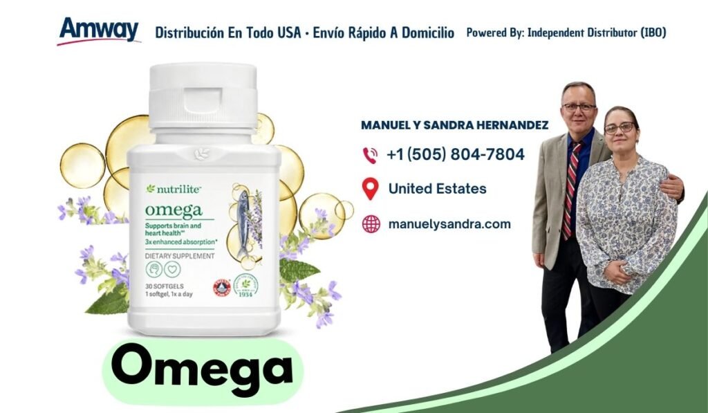 Amway Distribucion En Todo USA · Envio Rapido A Domicilio Powered By: Independent Distributor (IBO) MANUEL Y SANDRA HERNANDEZ +1 （505) 804-7804 United Estates nutrilite omega manuelysandra.com Supports brain and heart health" 3x enhanced absorption DIETARY SUPPLEMENT 30 SOFTGELS 1 softgel. 1x a day Omegd