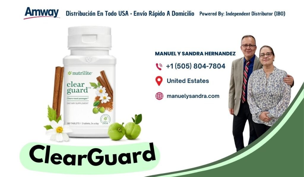 Amway Distribucion En Todo USA · Envio Rapido A Domicilio Powered By: Independent Distributor （IBO） MANUEL Y SANDRA HERNANDEZ +1 （505) 804-7804 nutrilite United Estates clear guard manuelysandra.com lears nasal passager DIETARY SUPPLEMEN O TALETS T 2 ClearGuard