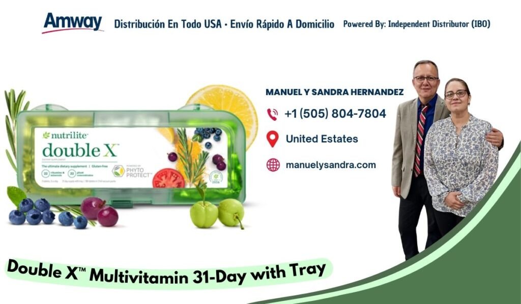 Amway Distribucion En Todo USA · Envio Rapido A Domicilio Powered By: Independent Distributor (IBO) MANUEL Y SANDRA HERNANDEZ +1 （505) 804-7804 nutrilite United Estates double X manuelysandra.com PHYTO （22 ） PROTECT Double Xw Multivitamin 31-Day with Tray