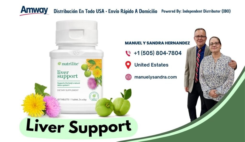 Amway Distribucion En Todo USA · Envio Rapido A Domicilio Powered By: Independent Distributor （IBO) MANUEL Y SANDRA HERNANDEZ +1 （505) 804-7804 nutrilite United Estates liver support manuelysandra.com orts the body's natura etox system DIETARY SUPPLEMENT 0 TABLETS 1 1 tablet, 2x a day 1934 Liver Support