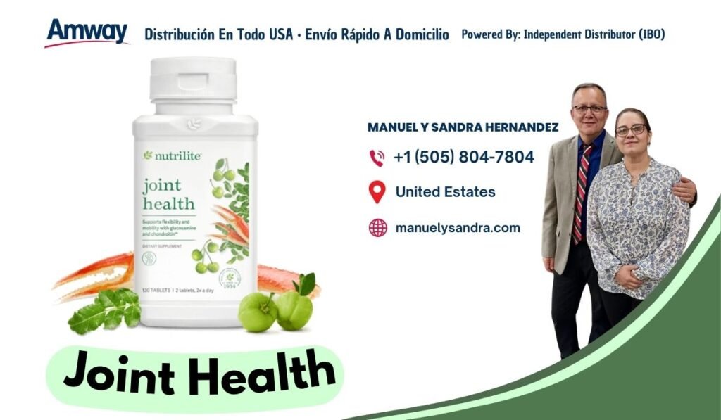 Amway Distribucion En Todo USA · Envio Rapido A Domicilio Powered By: Independent Distributor (IBO） MANUEL Y SANDRA HERNANDEZ nutrilite +1 (505) 804-7804 joint United Estates health orts flexibility and manuelysandra.com K Hea lth Joint