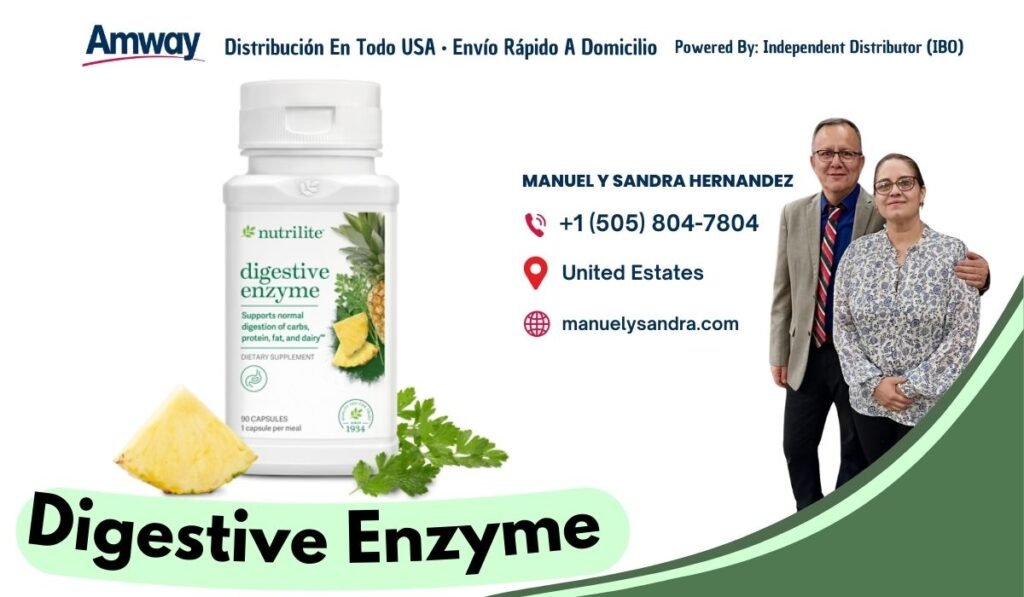 Amway Distribucion En Todo USA · Envio Rapido A Domicilio Powered By: Independent Distributor （IBO) MANUEL Y SANDRA HERNANDEZ +1 (505) 804-7804 nutrilite digestive United Estates enzyme Supports normal manuelysandra.com digestion of carbs protein, fat and dairy ETARY SUPPLEMENT 90 CAPSULES 1934 capsule per meal Digestive Enzyme