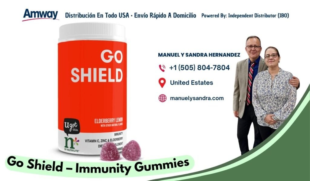 Amway Distribucion En Todo USA · Envio Rapido A Domicilio Powered By: Independent Distributor （IBO） GO MANUEL Y SANDRA HERNANDEZ +1 （505) 804-7804 SHIELD United Estates manuelysandra.com ELDERBERRY LEMON ugot WITH OTHER ATUR this MUINTT VITAMIN CINC &EDERE DE Y NUTRILITE' Go Shield - I mmunity Gummies
