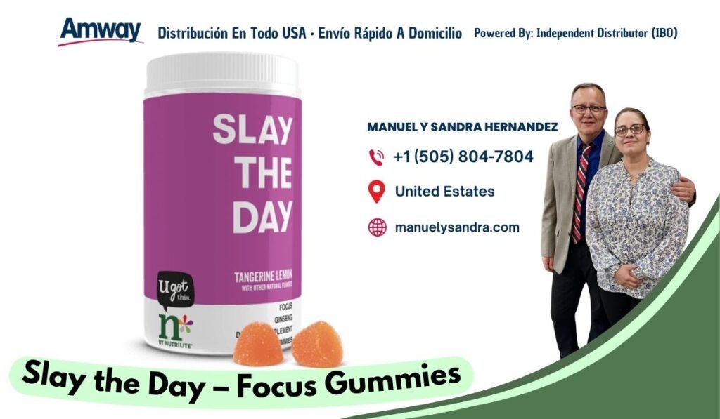 Amway Distribucion En Todo U SA · Envio Rapido A Domicilio Powered By: Independent Distributor （IBO) SLAY MANUEL Y SANDRA HERNANDEZ +1 （505) 804-7804 THE United Estates DAY manuelysandra.com TANGERINE LEMO u got WITH OTHER NATIRA NA ① this FOOUS GINSENG EMEN Y NUTRILITE' Slay the Day -- Focus Gummies