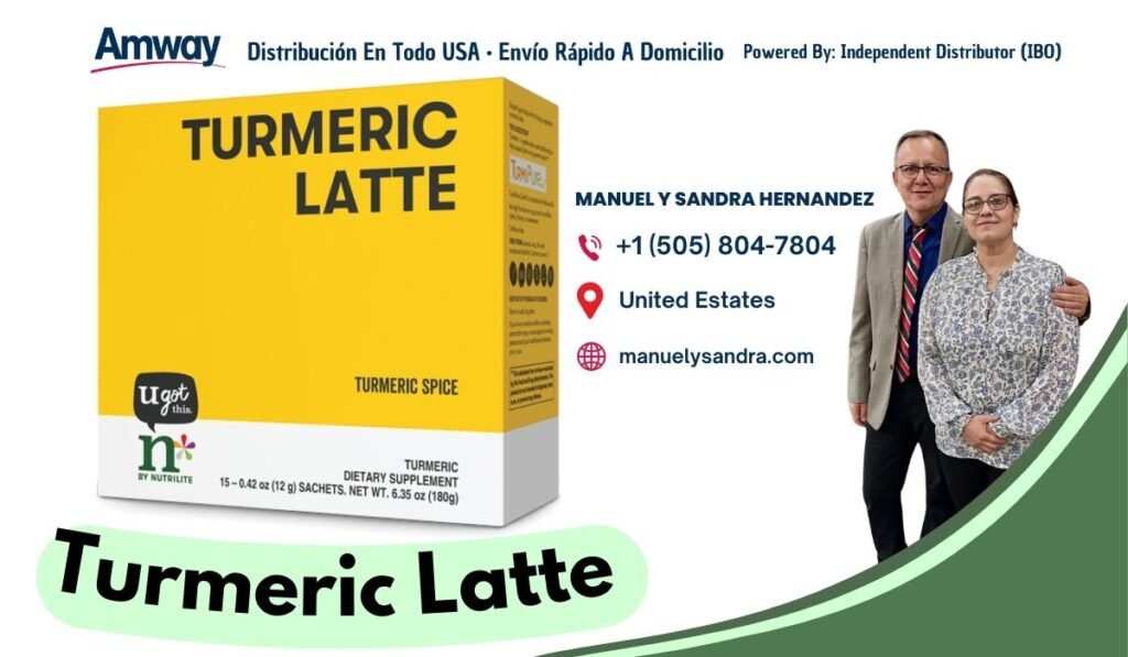 Amway Distribu cion En Todo U SA · Envio Rapido A Domi cilio Powered By: Independent Distributor （IBO) TURMERIC LATTE MANUEL Y SANDRA HERNANDEZ +1 （505) 804-7804 0006 United Estates manuelysandra.com TURMERIC SPICE ugot this TURMERIC DIETARY SUPPLEMENT BY NUTRILITE 15 - 0.42 oz （12 g) SACHETS. NET WT. 6.35 oz （180g) Turmeric Latte