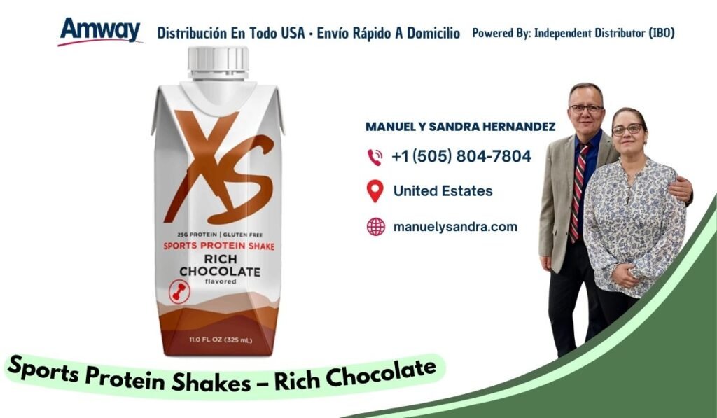 Amway Distribucion En Todo USA · Envio Rapido A Domicilio Powered By: Independent Distributor (IBO) MANUEL Y SANDRA HERNANDEZ +1 （505) 804-7804 United Estates manuelysandra.com 25G PROTEIN | GLUTEN FREE SPORTS PROTEIN SHAKE RICH CHOCOLATE fiavored 11.0 FL OZ （325 mL） Sports Protein Shakes - Rich Chocolate