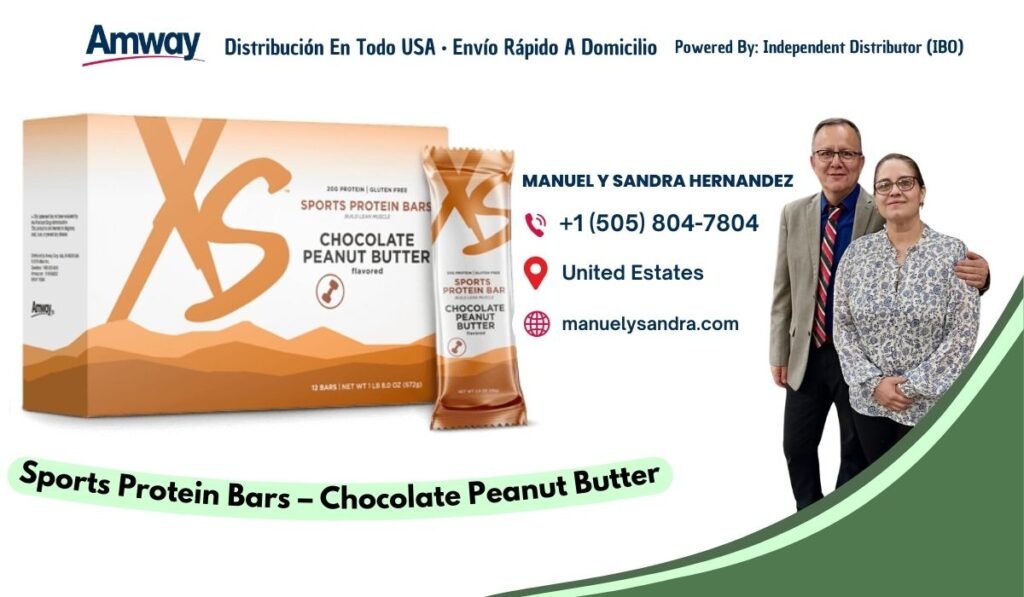 Amway Distribucion En Todo USA · Envio Rapido A Domicilio Powered By: Independent Distributor (IBO) S MANUEL Y SANDRA HERNANDEZ GLUTEA F AEL SPORTS PROTEIN BARS +1 （505) 804-7804 CHO COLATE PEANUT BUTTER United Estates flavored SPORTS PROTEIN BAR CHO COLATE DE ANUT manuelysandra.com BUTTER 2 8ARS | NET WT 1 L8 8.O OZ (6720 Sports Protein Bars- Chocolate Peanut Buter