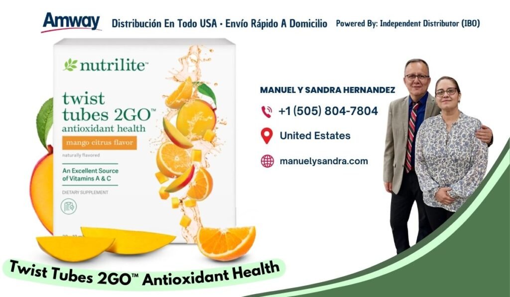 Amway Distri bucion En Tod o U SA · Envio Rapido A Domicilio Powered By: I ndependent Distributor （I BO） Knutrilite MANUEL Y SANDRA HERNANDEZ twist +1 （505) 804-7804 tubes 2GO antioxidant health United Estates mango citrus flavor naturally flavored manuelysandra.com An Excellent Source of Vitamins A & C DIETARY SUPPLEMENT Twist Tubes 2GO" Antioxidant Health